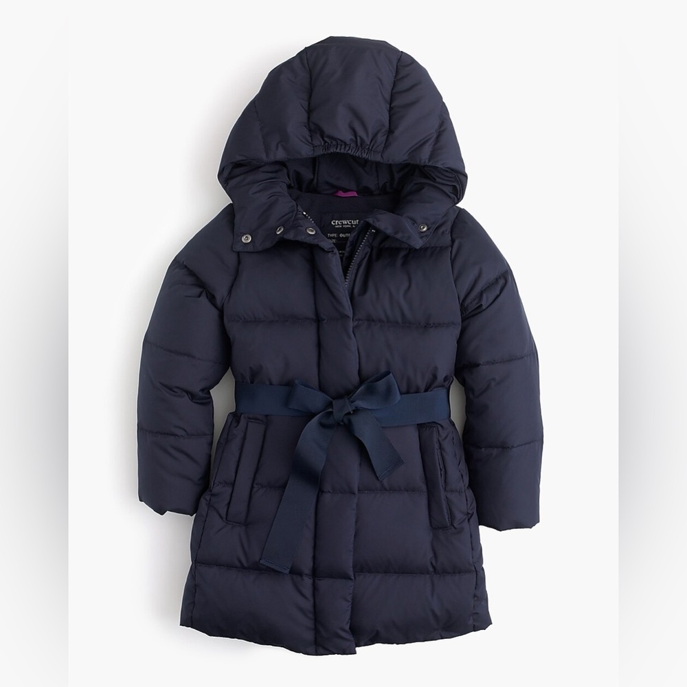 Crewcuts navy puffer coat with tie waist.  Size 16
